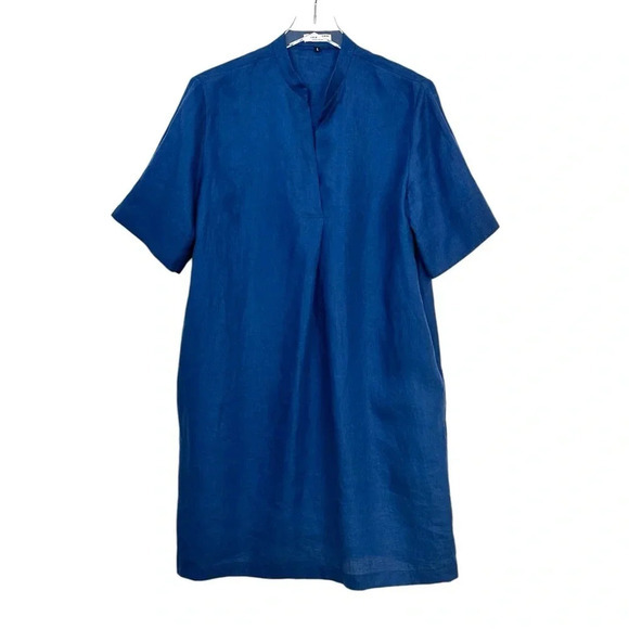 MARVIN BROWNE LONDON Spitalfields Navy Blue‎ Linen Shift Dress Pockets L - Picture 6 of 12